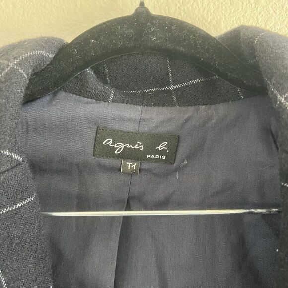 Agnes B Wool Chester Coat Women’s Small T1 Blad White Grid Plaid France - Picture 3 of 9